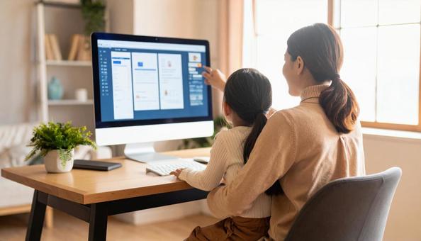 A mother working remotely and looking at a computer with her child, computer, screen, child, JPG
