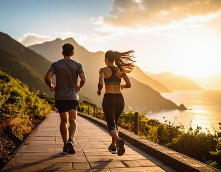 山沿いをペアでランニングする男女の写真