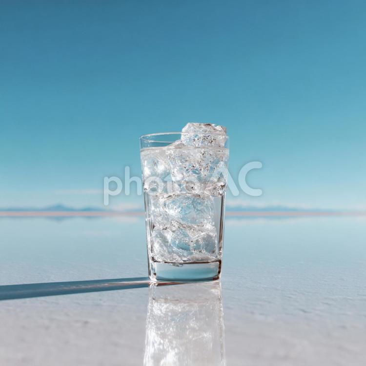 青空の下氷と水で満たされたクリアなグラス 水,氷,グラスの写真素材