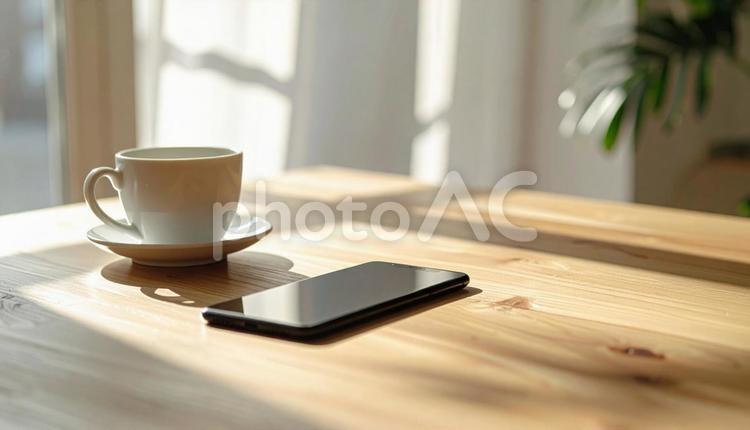 テーブルのコーヒーとスマホ テーブル,カップ,影の写真素材