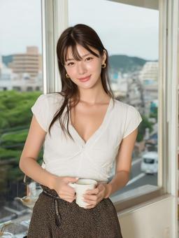 モーニングコーヒーを楽しむ女性 モーニングコーヒーを楽しむ女性の写真