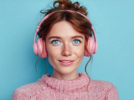 ヘッドホンで音楽を楽しむ魅力的な若い女性 ヘッドホンで音楽を楽しむ魅力的な若い女性の写真