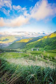 大分県　由布シルキーロードと由布岳の絶景 由布シルキーロード,由布岳,湯布院の写真素材