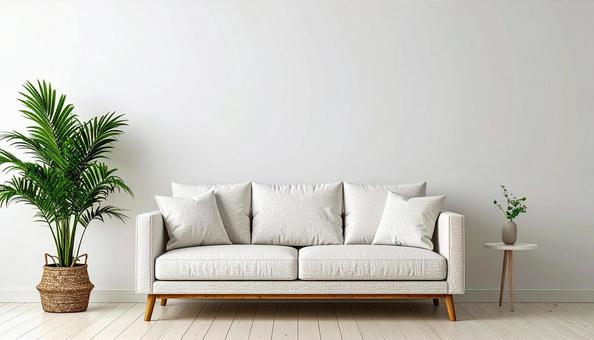 シンプルモダンなソファ、観葉植物の写真