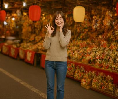 縁起物の屋台で笑顔を見せる女性 縁起物の屋台で笑顔を見せる女性の写真
