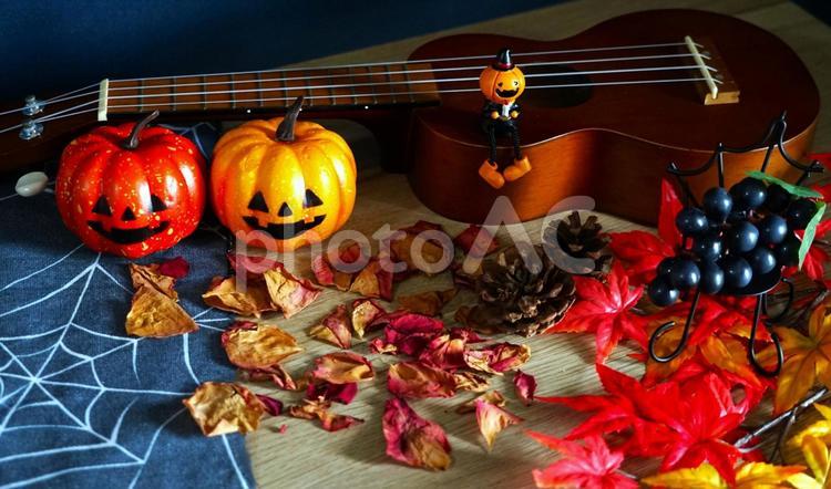 ウクレレ、ハロウィン②（ダーク） ハロウィン,ウクレレ,かぼちゃのお化けの写真素材
