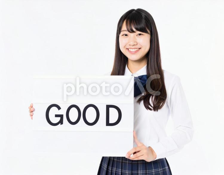 Goodと書いたボードを持つ女子生徒 女の子,good,ボードの写真素材