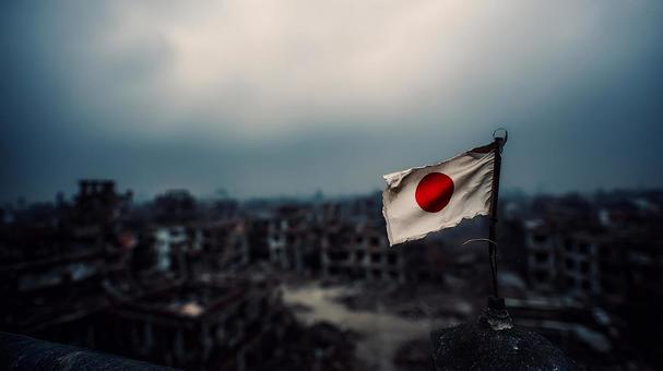 戦争の傷跡:破れた国旗と崩壊した街並み 戦争の傷跡:破れた国旗と崩壊した街並みの写真