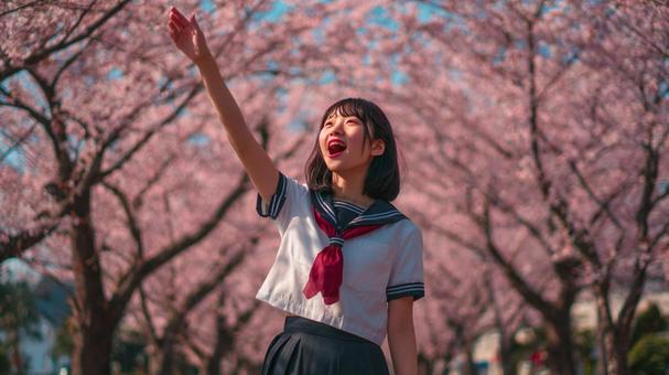 桜並木で手を伸ばす少女 桜並木で手を伸ばす少女の写真