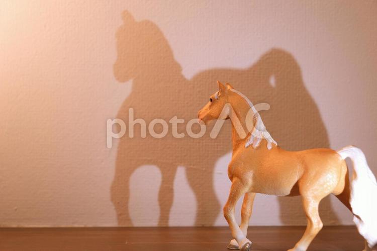 シュライヒ　シュライヒ　下からライトアップされた立つ馬フィギュアと影 シュライヒ,シュライヒフィギュア,馬の写真素材