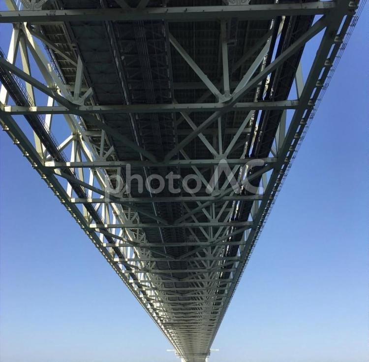 下から見た明石海峡大橋 橋,明石海峡大橋,海の写真素材