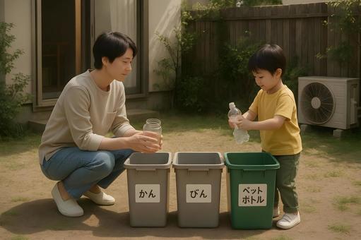 母子でリサイクル学習の写真