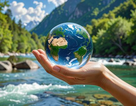 ガラス玉に映る地球と自然の風景の写真