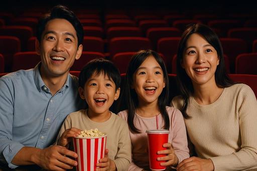 映画館で楽しむ家族 映画館で楽しむ家族の写真