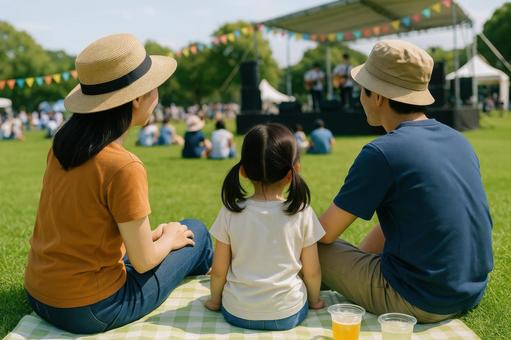 芝生でくつろぐ親子 芝生でくつろぐ親子の写真