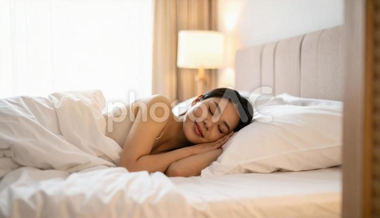 柔らかい光に包まれ寝室で眠る日本人女性 睡眠,安眠,ベッドの写真素材