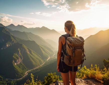 山頂から山の景色を眺める女性1 山頂から山の景色を眺める女性1の写真
