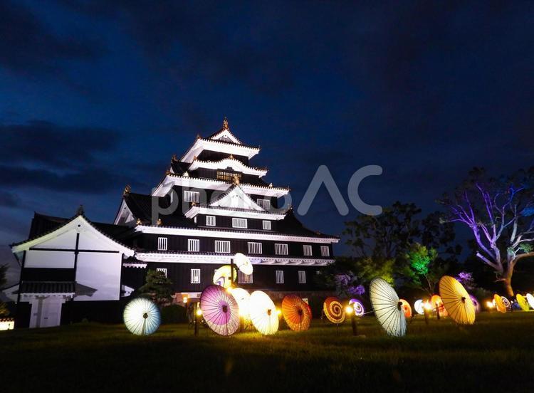 ライトアップされた岡山城天守閣 岡山城,ライトアップ,夜の写真素材