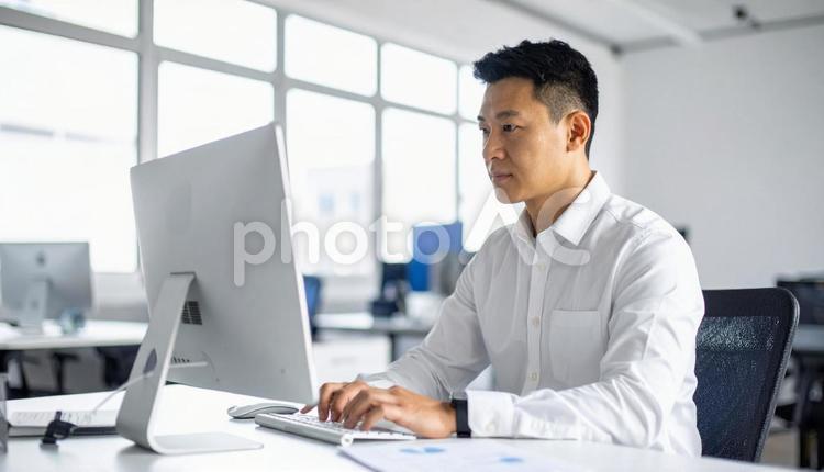 パソコンで仕事する白い服装の男性会社員 男性,パソコン,ビジネスマンの写真素材