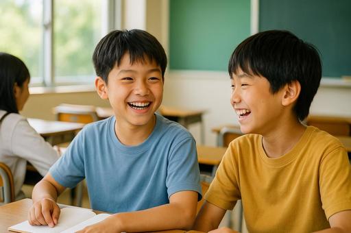 笑顔で笑い合う男の子 笑顔で笑い合う男の子の写真