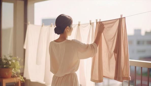 洗濯物を干す女性 洗濯物を干す女性の写真