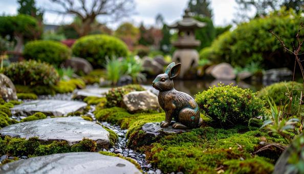 和風庭園の銅像うさぎ 和風庭園の銅像うさぎの写真