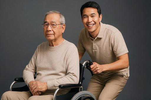 笑顔で車椅子を補助する介護士・高齢者 笑顔で車椅子を補助する介護士・高齢者の写真