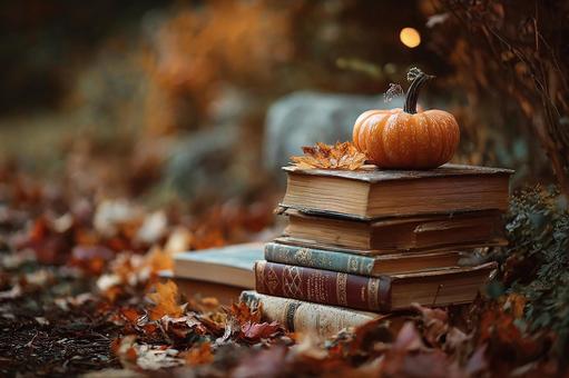 ハロウィン飾りの古書とカボチャ ハロウィン飾りの古書とカボチャの写真