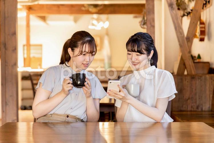 カフェでスマホを見ながら話すアジア人女性 スマホ,sns,写真の写真素材