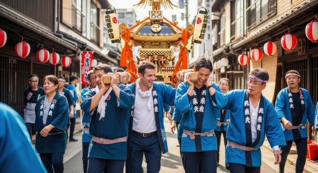 夏祭りの神輿担ぐ外国人の参加者たち 夏祭りの神輿担ぐ外国人の参加者たちの写真