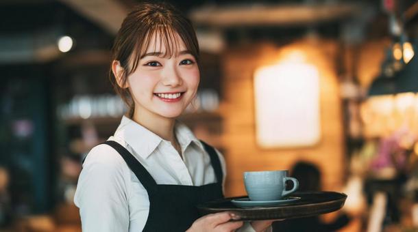 カフェで働く女性 カフェで働く女性の写真