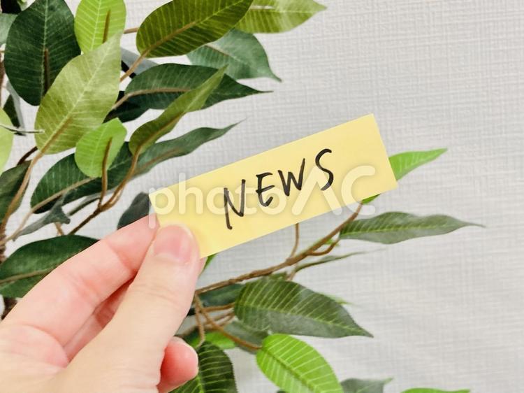 NEWSと書かれた付箋を持つ手元 ニュース,お知らせ,newsの写真素材