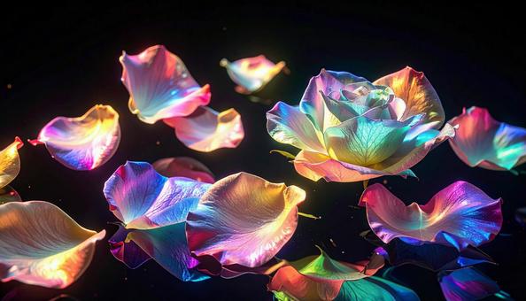 黒背景に浮かぶ虹色の花びら 黒背景に浮かぶ虹色の花びらの写真