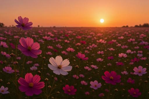 夕日に染まるコスモス畑 夕日に染まるコスモス畑の写真