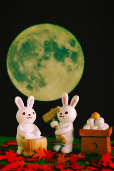 お月見の夜に餅つきをするウサギたち お月見の夜に餅つきをするウサギたち 十五夜,お団子,うさぎの写真素材