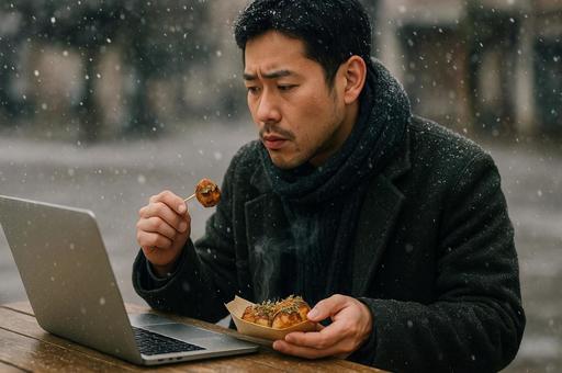 雪の中のたこ焼き仕事人 雪の中のたこ焼き仕事人の写真