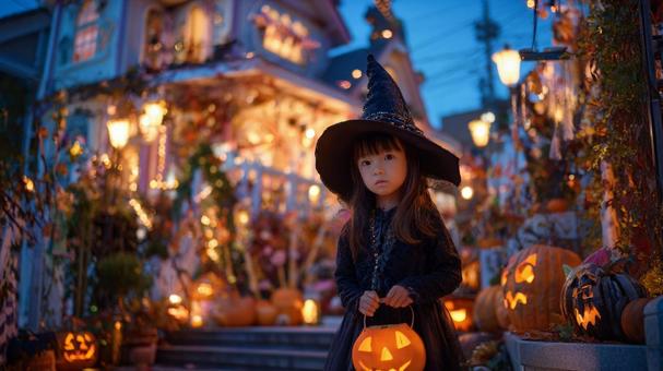 ハロウィンの仮装の女の子と飾りつけ2 ハロウィンの仮装の女の子と飾りつけ2の写真
