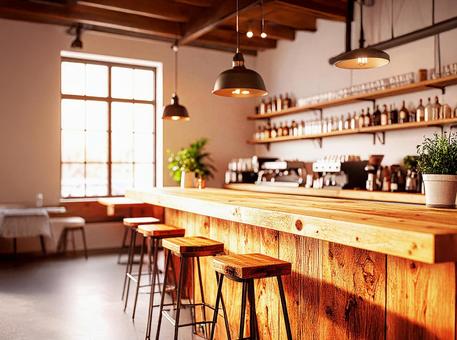 カウンターテーブルのあるコーヒーショップの写真