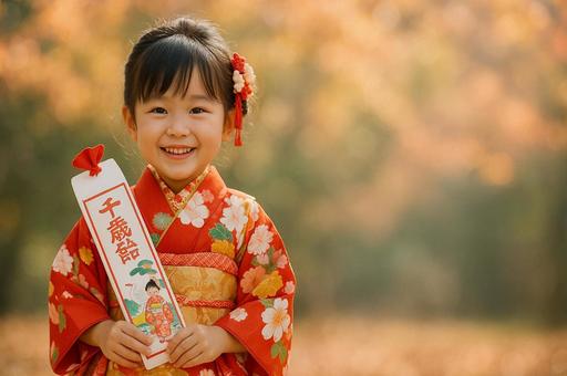 千歳飴を持つ女の子の笑顔 千歳飴を持つ女の子の笑顔の写真