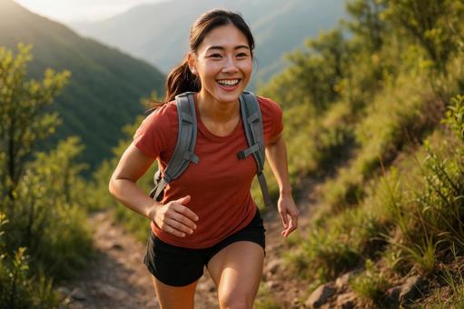 軽快に登る若い女性トレイルランナー 軽快に登る若い女性トレイルランナーの写真