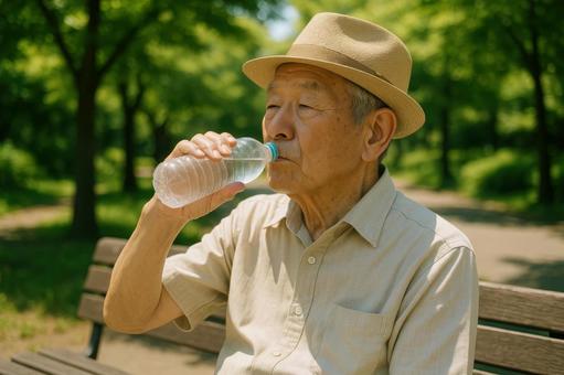 水を飲む高齢男性の熱中症対策 水を飲む高齢男性の熱中症対策の写真