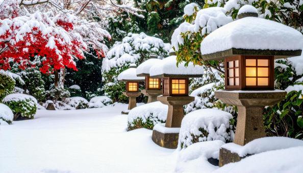 雪化粧をした日本庭園の灯籠と冬の植栽 雪化粧をした日本庭園の灯籠と冬の植栽の写真
