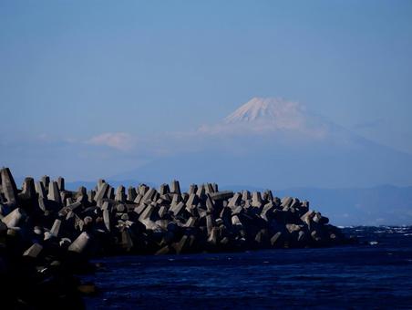 Photo, fuji mountain, tetrapod, sea, 