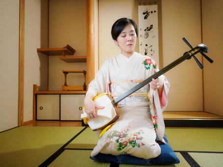 33:三味線を演奏する和服の女性 33:三味線を演奏する和服の女性 三味線,着物,伝統芸能の写真素材