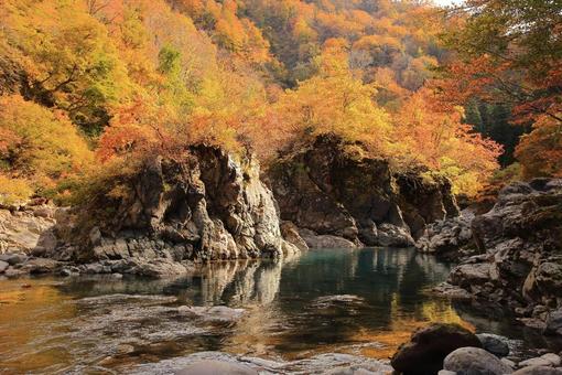 秋の渓流と岩_紅葉 秋の渓流と岩_紅葉の写真