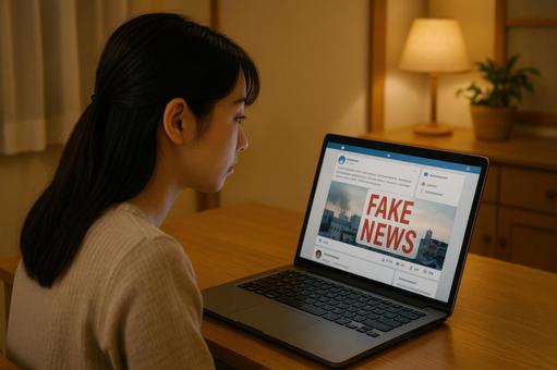 偽情報SNS見る女性 偽情報SNS見る女性の写真
