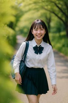 通学路を歩く女子高生 通学路を歩く女子高生の写真