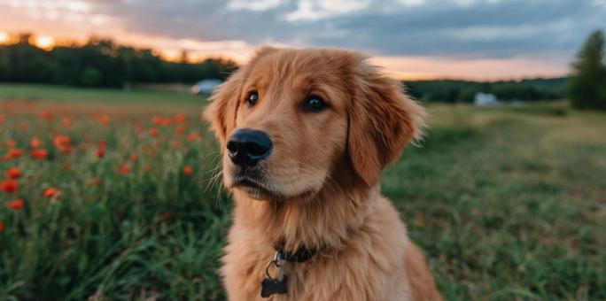 夕焼けに染まるゴールデンレトリバーの子犬 夕焼けに染まるゴールデンレトリバーの子犬の写真