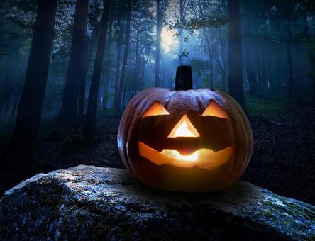 森の中のハロウィンのカボチャのランタンの写真