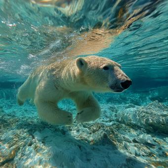 透明な水中を優雅に泳ぐホッキョクグマ 透明な水中を優雅に泳ぐホッキョクグマの写真